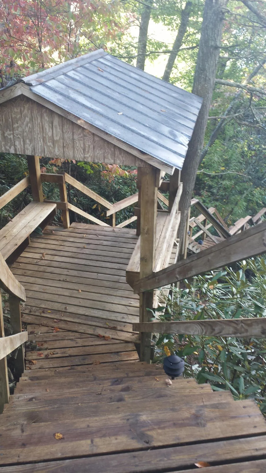 Metal roofed shelter over wooden steps on a wooded walkway — Skylight Repair & Installation work by our crew in Newton Hamilton